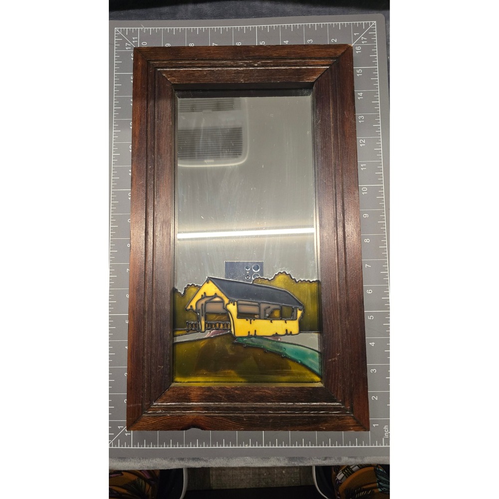 Vintage 1978 Sirius Mirrart Covered Bridge Stained Glass Style Framed Mirror